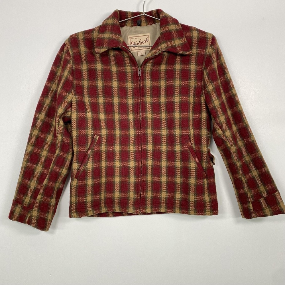 Woolrich Jacket Womens Small‎ Red Plaid Wool Tweed Full Zip Lined Outdoor Buckle